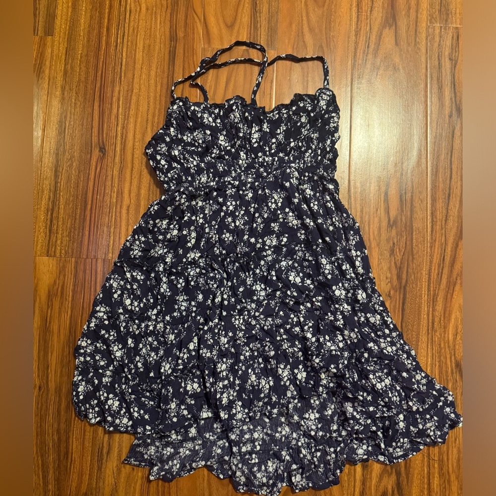 Spaghetti strap, floral navy blue dress